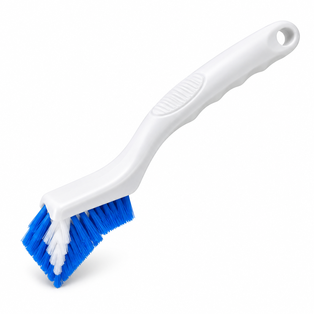 Tile grout cleaning brush with V-shaped stiff bristles and contoured handle on white background