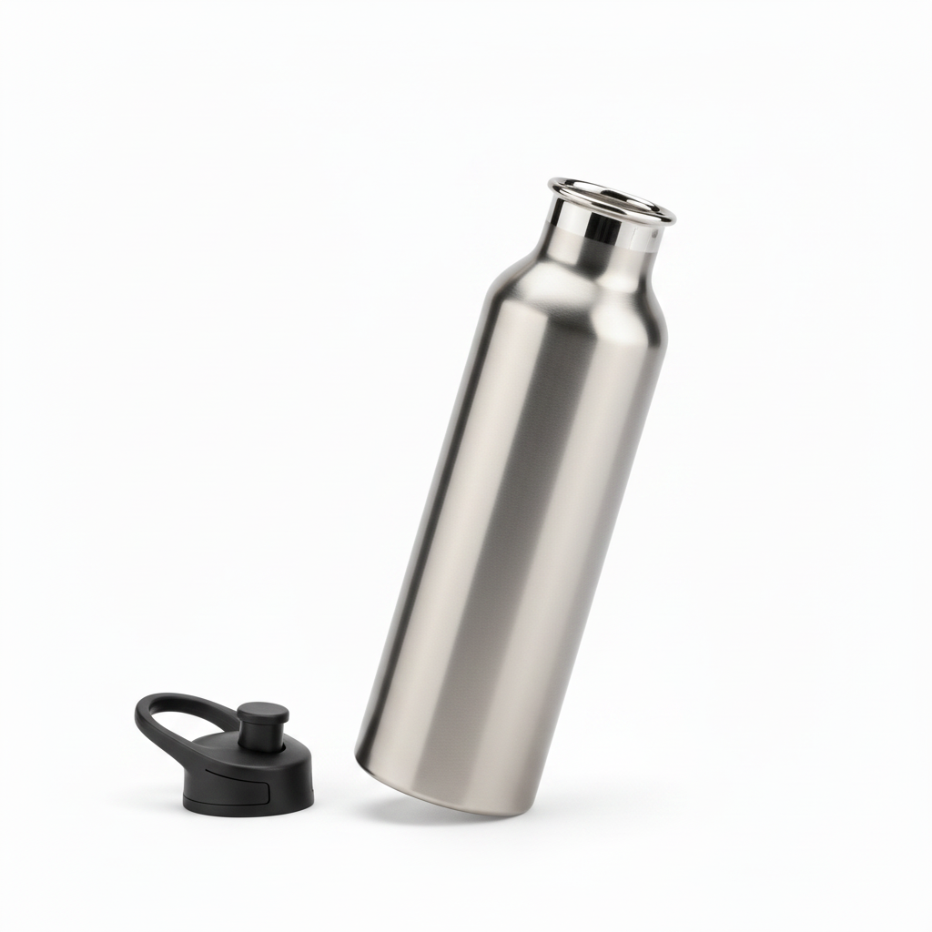 Open brushed stainless steel sports bottle with cap resting beside it on pure white background