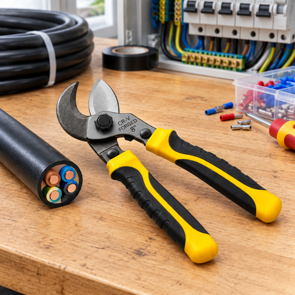 Manual cable cutter resting beside cleanly cut copper electrical cable on workshop workbench
