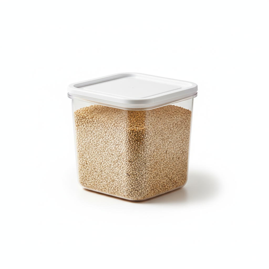 Clear plastic kitchen storage container with white airtight stackable lid on pure white background