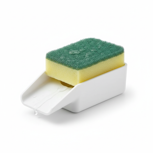 Self-draining kitchen sponge holder with dishwashing sponge on pure white background