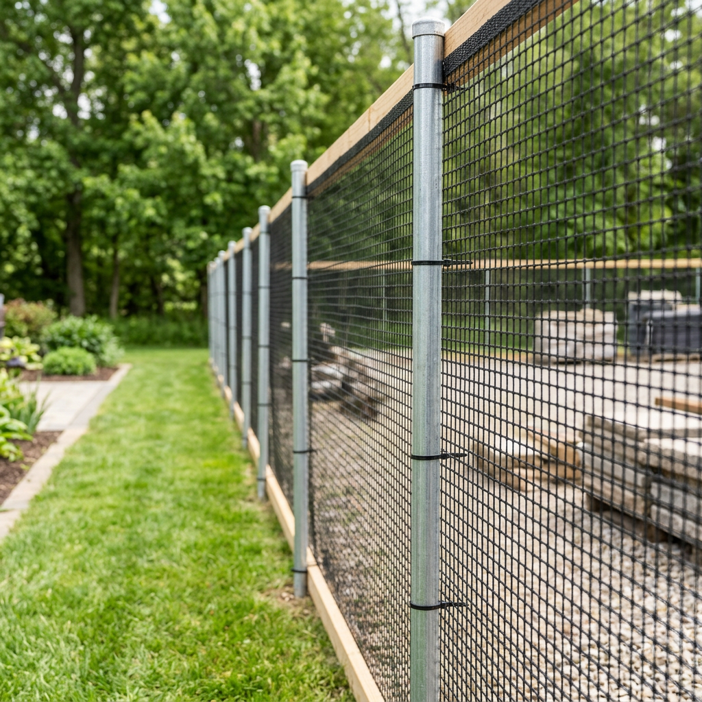 Outdoor protective netting installed taut as a perimeter screening boundary along an outdoor yard with fence posts and cable ties