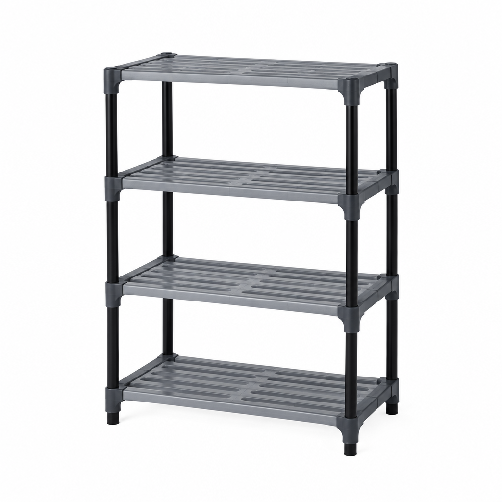 Shoe storage organizer, slim 4-tier black steel shoe rack with gray plastic shelves on white background