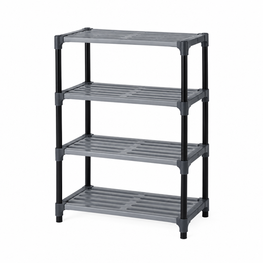 Shoe storage organizer, slim 4-tier black steel shoe rack with gray plastic shelves on white background