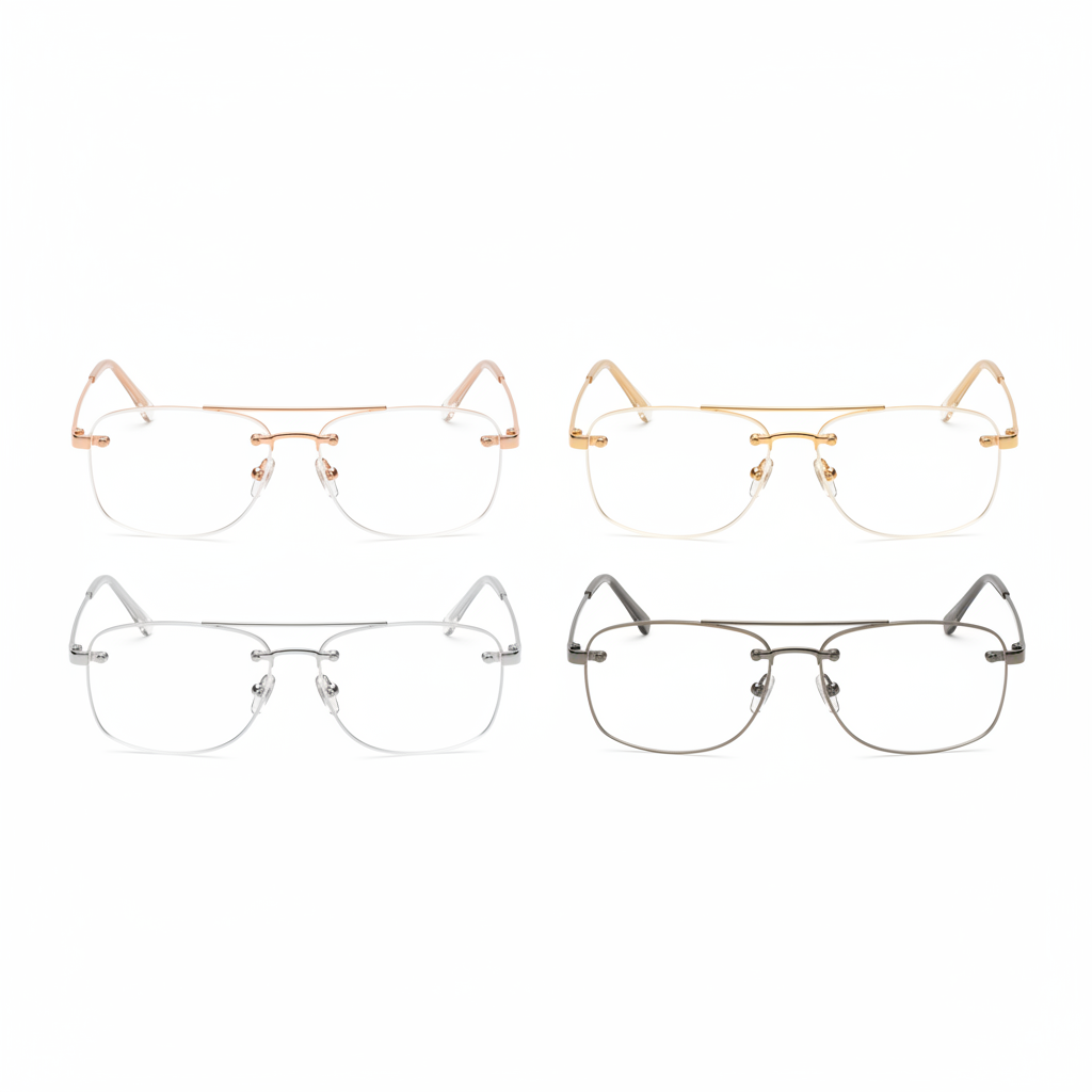 Assorted metallic temple colors of rimless fashion glasses on white background