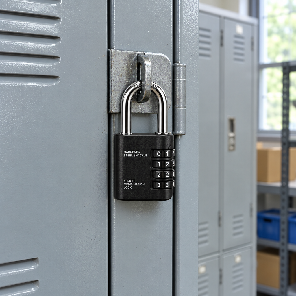 Matte black 4-digit combination padlock locked through a metal locker door hasp in a storage facility