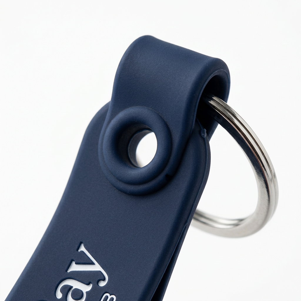 Detail close-up of flexible silicone keychain showing debossed color-filled lettering and chrome split ring on white background