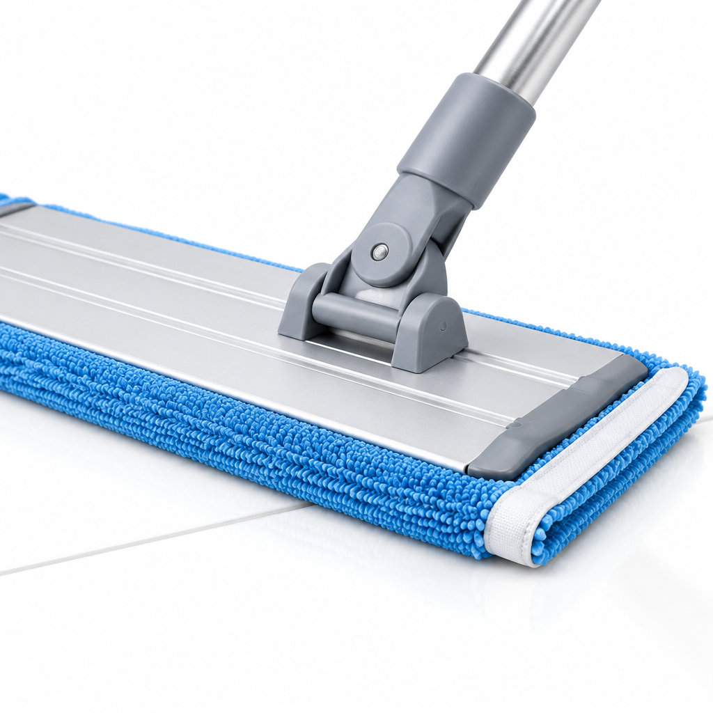 Close-up of the ultra-thin aluminum flat mop head, clamp clip and microfiber pad