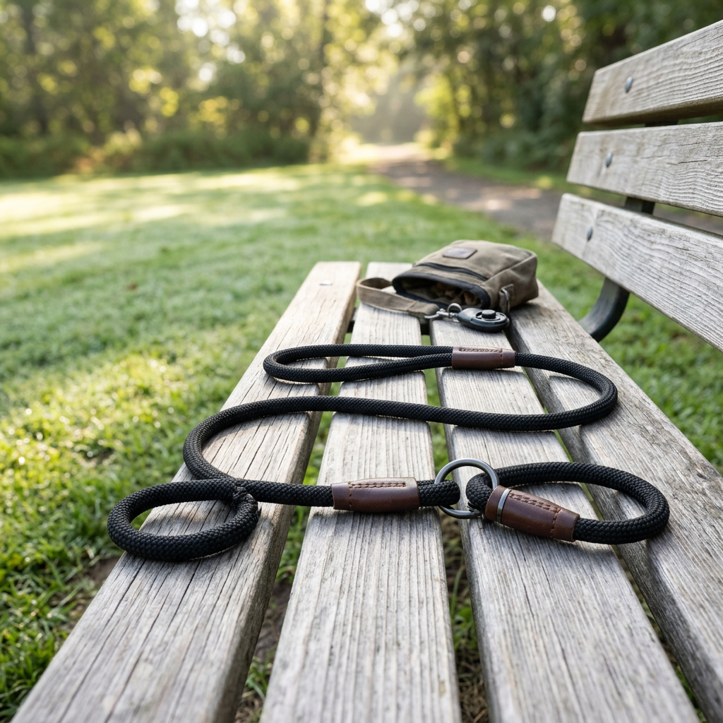 Braided rope slip lead dog leash resting on a wooden park bench along a tree-lined trail