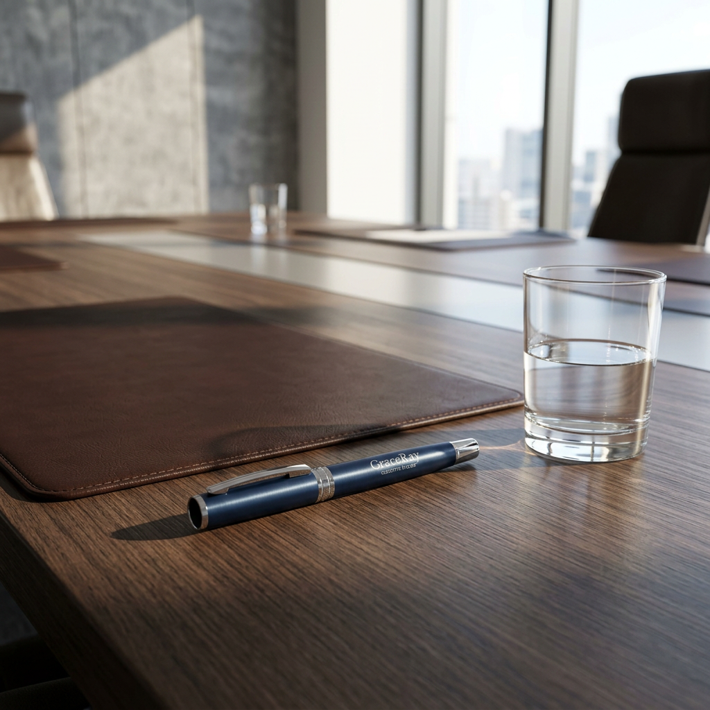 Executive metal pen displayed on a walnut boardroom conference desk