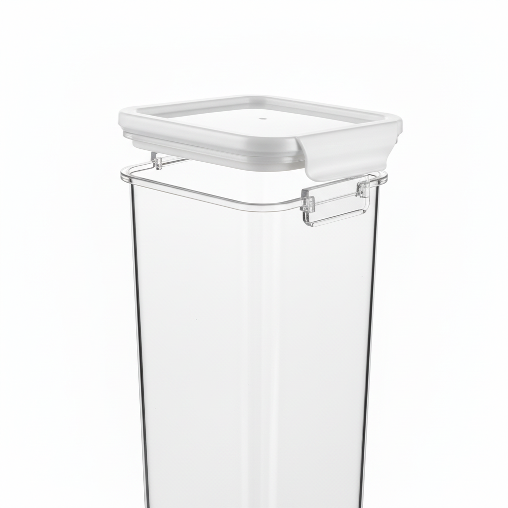 Slim food storage container with white airtight snap lid unlatched and resting ajar on pure white background