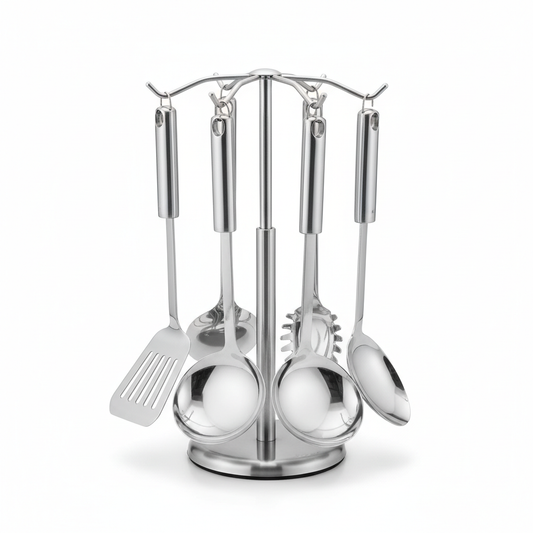 7-piece stainless steel kitchen utensil set arranged on rotating carousel stand on pure white background