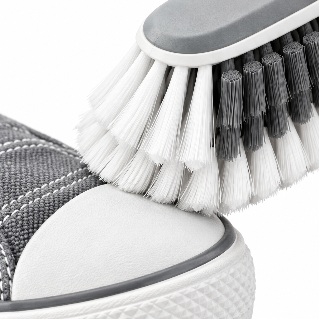 Close-up of the dual-stiffness bristles gently contacting a sneaker rubber toe and canvas surface