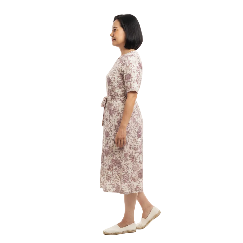 Side profile view of round neck floral midi dress on white background