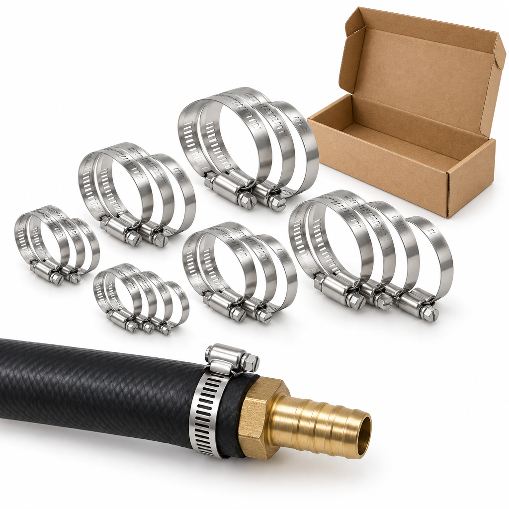 Assortment of polished 304 stainless steel adjustable hose clamps arranged by diameter with one clamped around a rubber hose and pipe connection on a pure white background