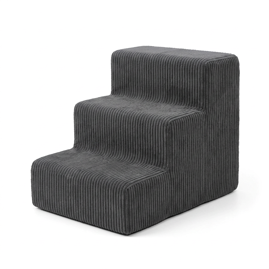 Three-quarter view of pet stairs showing step width, tread depth, and ribbed corduroy fabric on pure white background