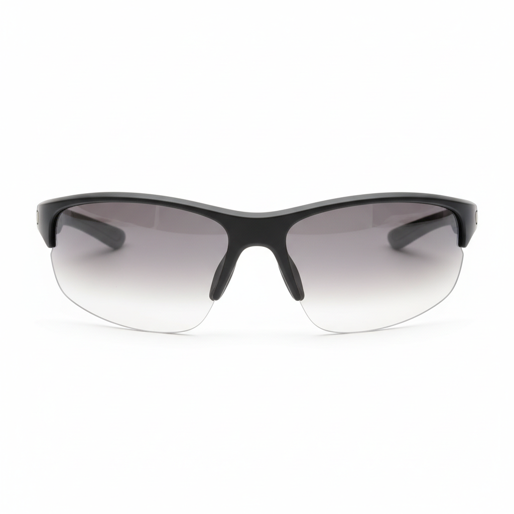 Photochromic sports glasses with light-adaptive clear-to-smoke lenses on white background