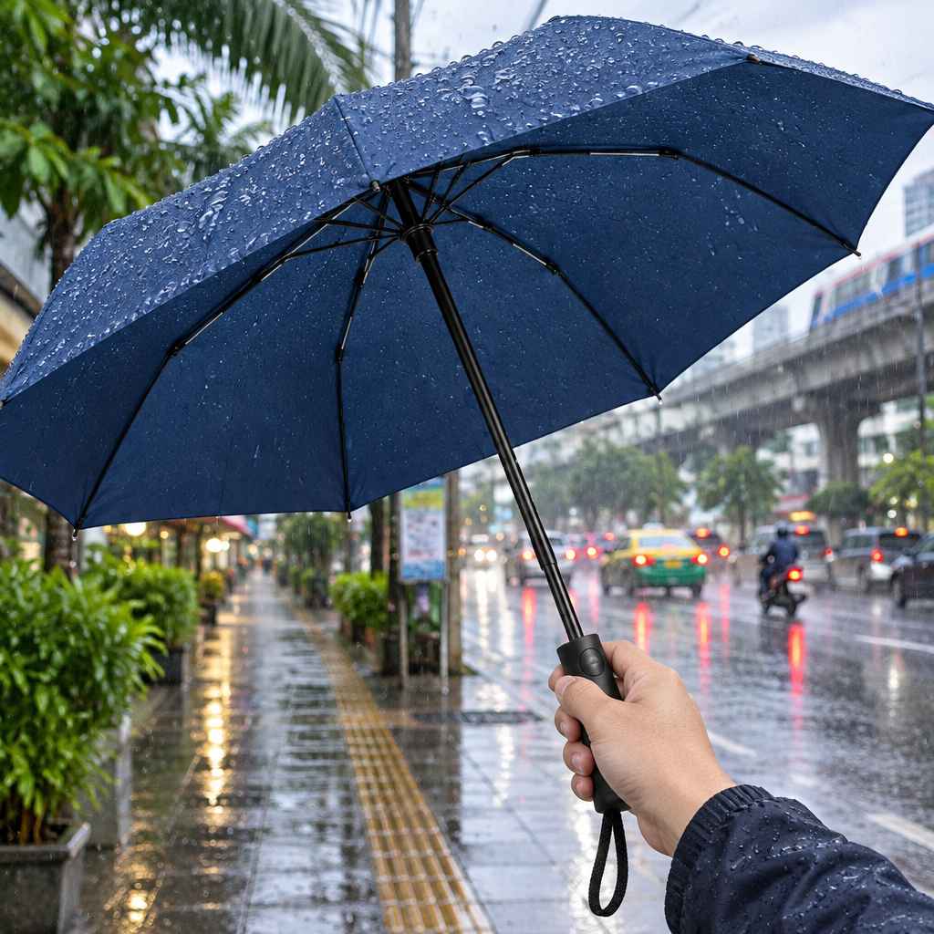 Commuter holding an open portable umbrella on a rainy street sidewalk in Thailand