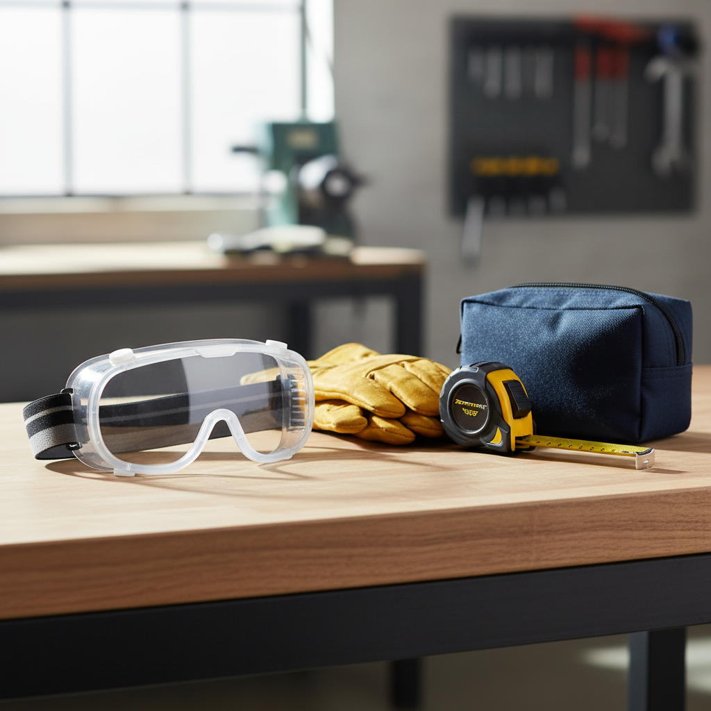 Panoramic safety goggles beside leather gloves and pouch on wooden workbench