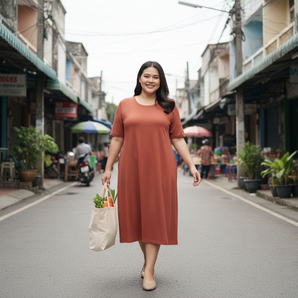 Lifestyle view of round neck casual midi dress with side pockets in a neighborhood