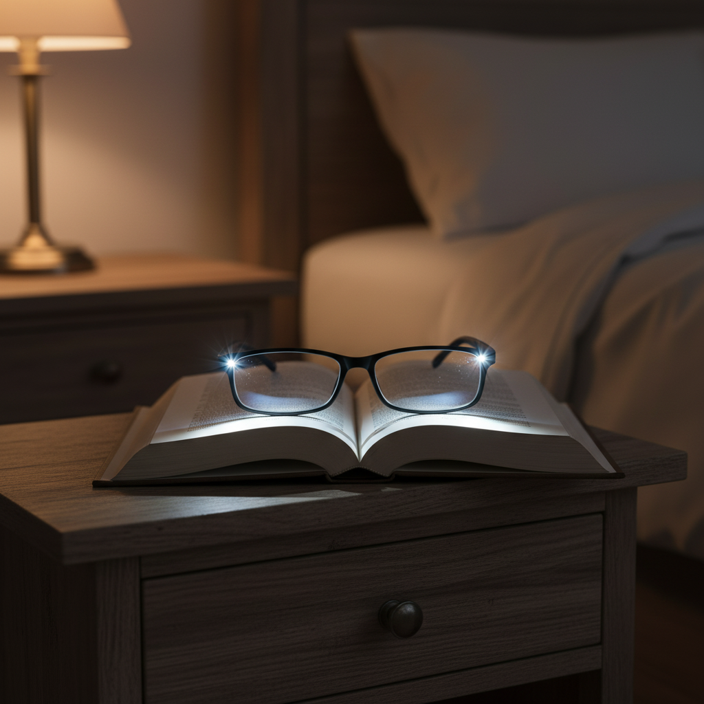 LED reading glasses with lights on illuminating book pages on nightstand in dimly lit room