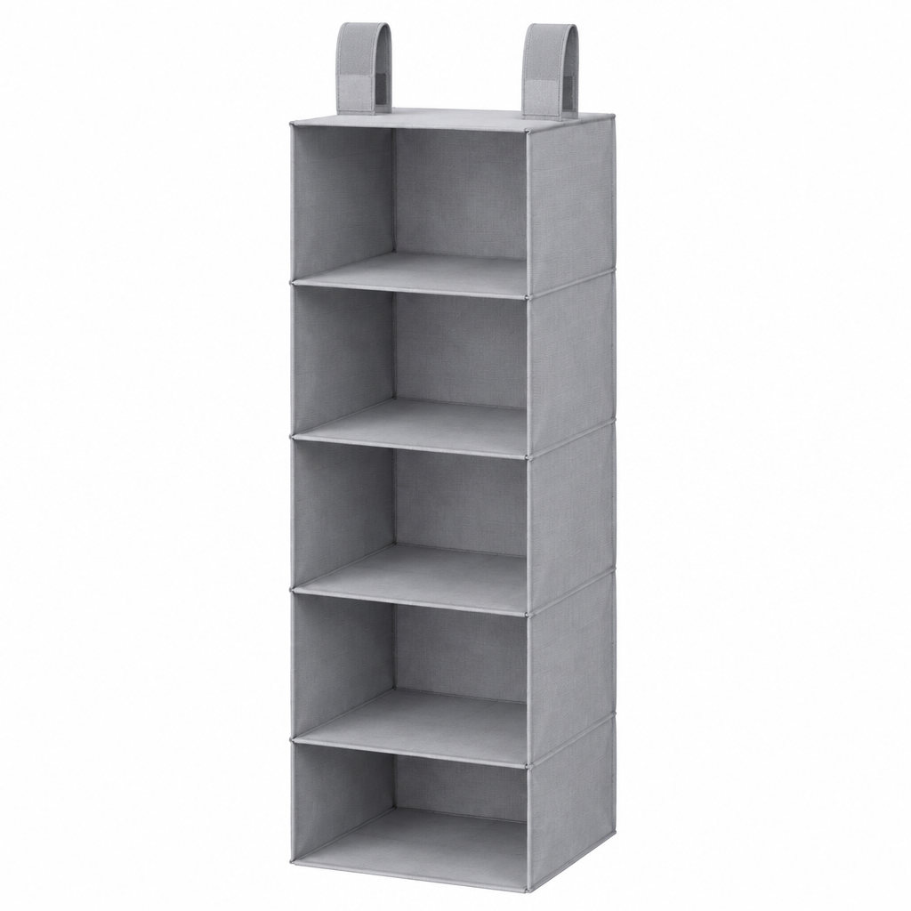 Hanging closet organizer, light gray 5-shelf fabric organizer with top hook-and-loop straps on white background