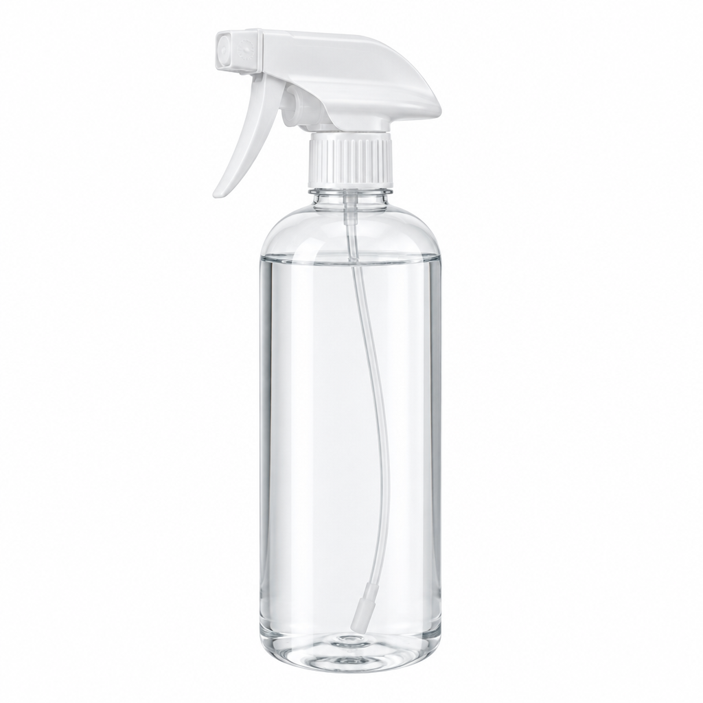 Household water spray bottle, clear unbranded PET bottle with white trigger sprayer on white background