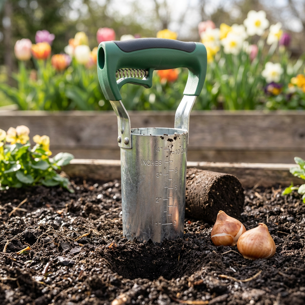 Manual bulb planter extracting soil core creating clean round planting hole in garden bed with flower bulbs ready for planting