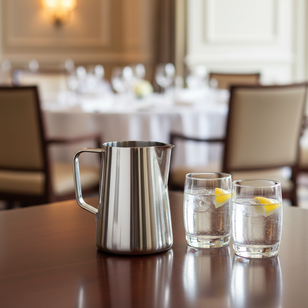 Stainless steel water pitcher on a hotel restaurant dining table