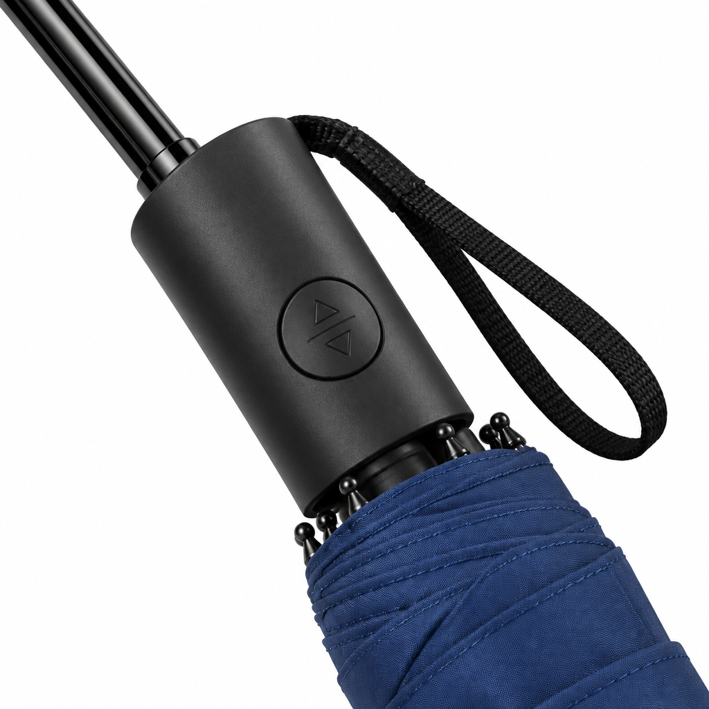 Close-up of the portable umbrella ergonomic handle, auto open-close push button, and wrist strap