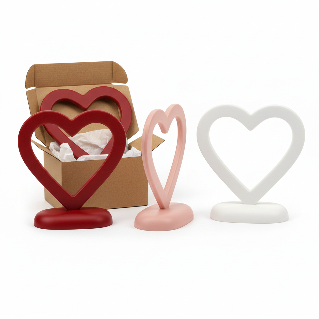 Red, blush pink and white freestanding heart ornaments shown from front and side with one red piece packed in a plain kraft box.