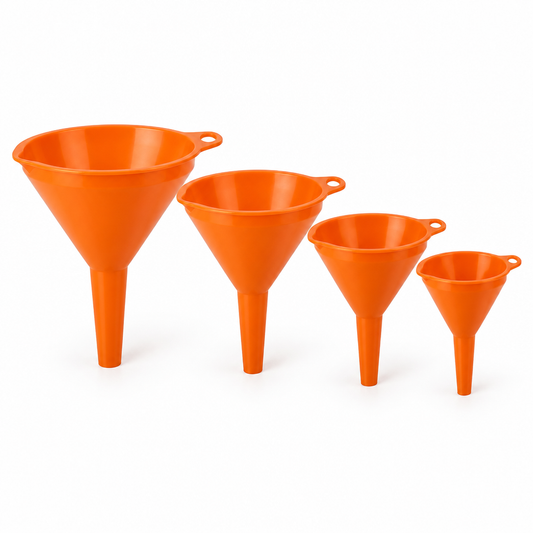 Set of 4 graduated orange plastic funnels neatly arrayed on a pure white background with comfortable margins