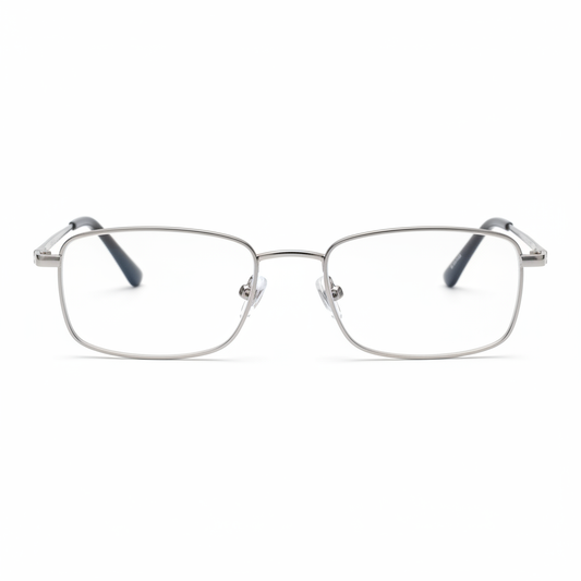 Classic metal reading glasses with silver rectangular frame front view on white background