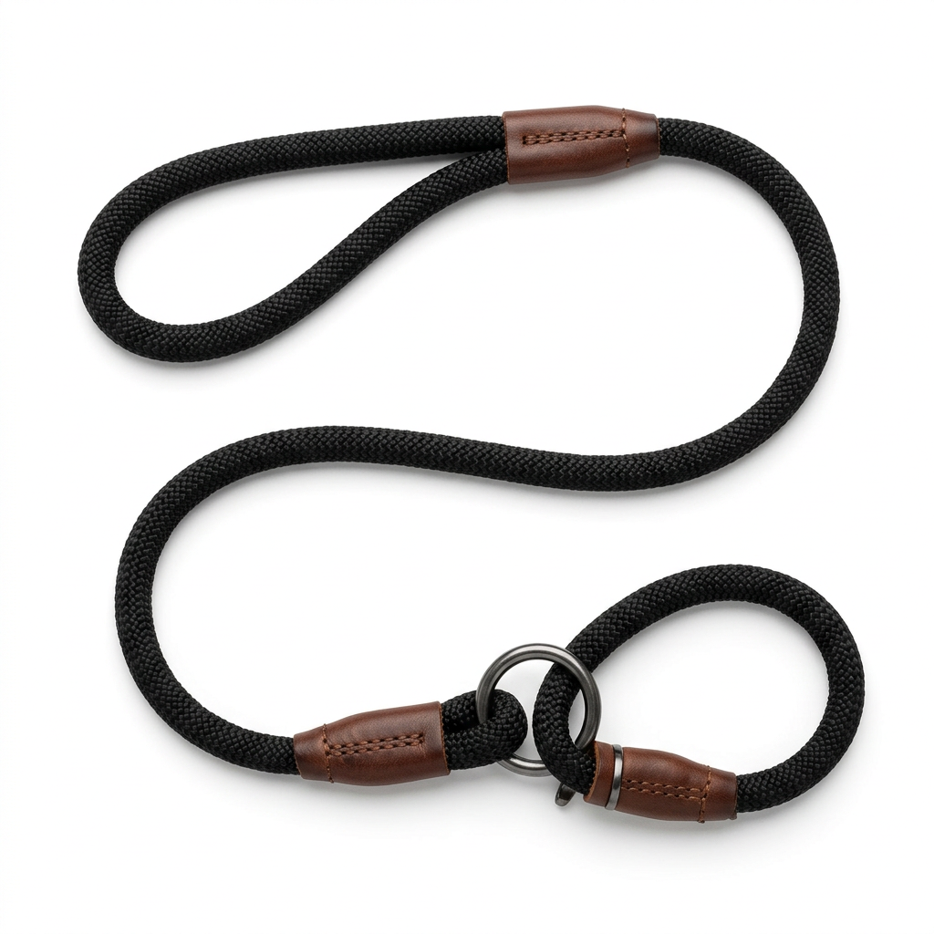 British style slip lead dog leash laid out showing handle loop, braided rope, and adjustable neck loop with leather stopper on pure white background
