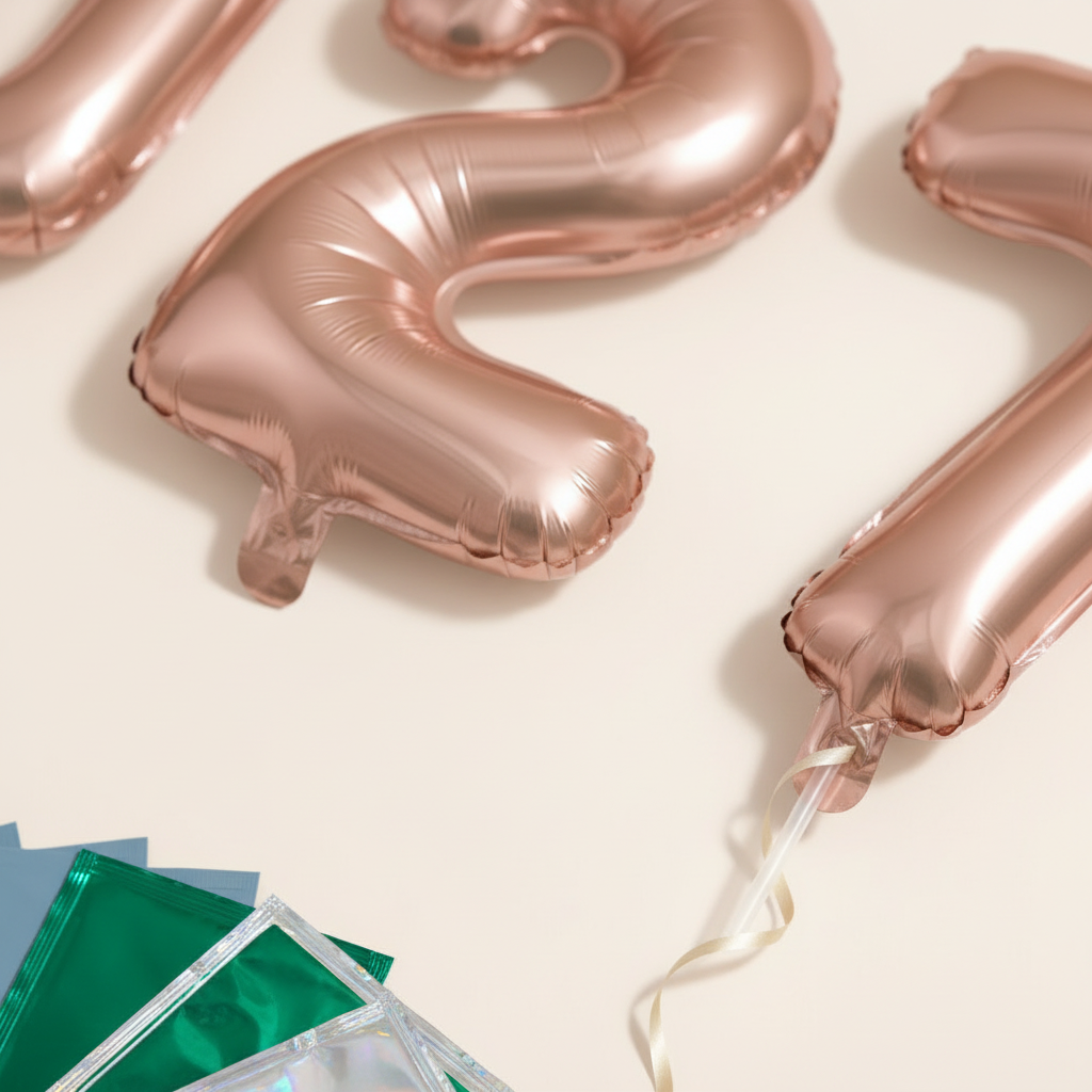 Extreme close-up of rose gold foil, heat-sealed seams, hanging tab, self-sealing valve, inflation straw, tied ribbon and color samples