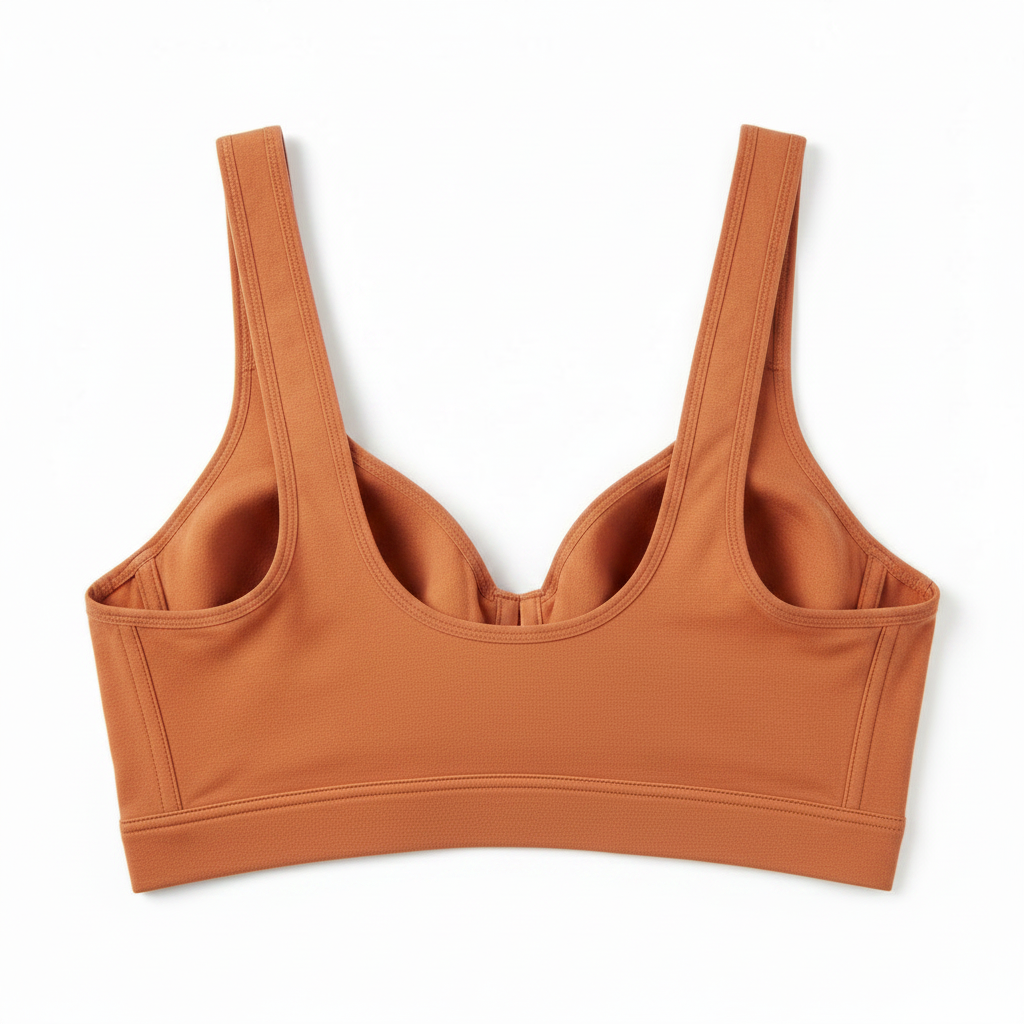 Back view of front closure cotton bra showing smooth seamless back band