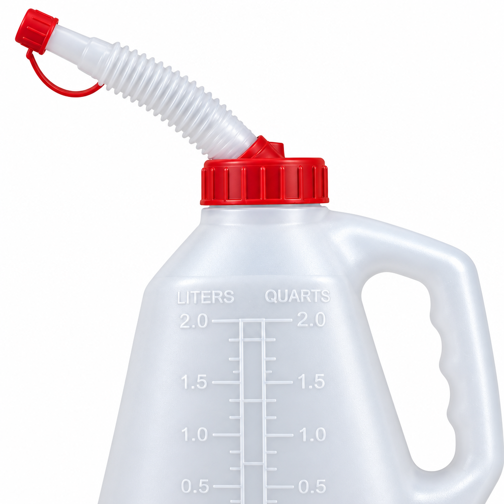 Macro close-up of oil dispenser flexible spout, tethered red dust cap, and volume graduations