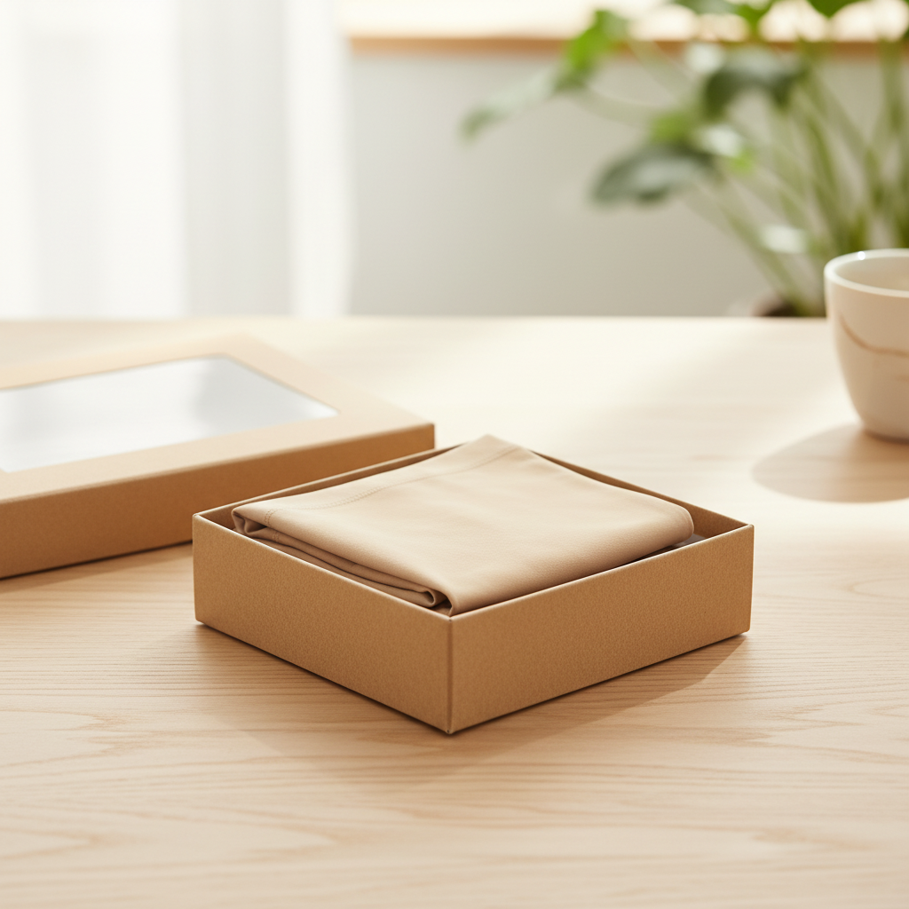 Lifestyle view of seamless briefs folded inside a craft paper box
