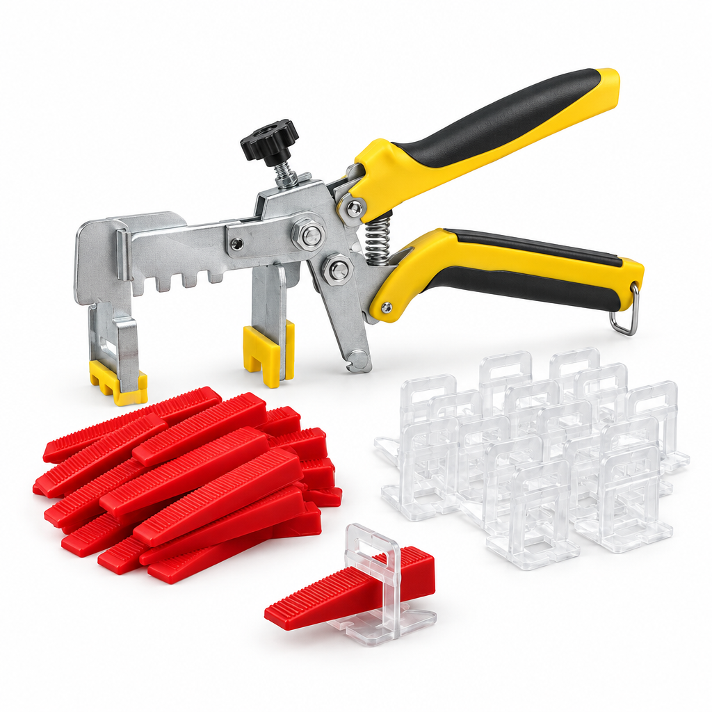 Professional tile leveling system kit with plier, reusable red wedges, and clear spacer clips on a pure white background with comfortable margins