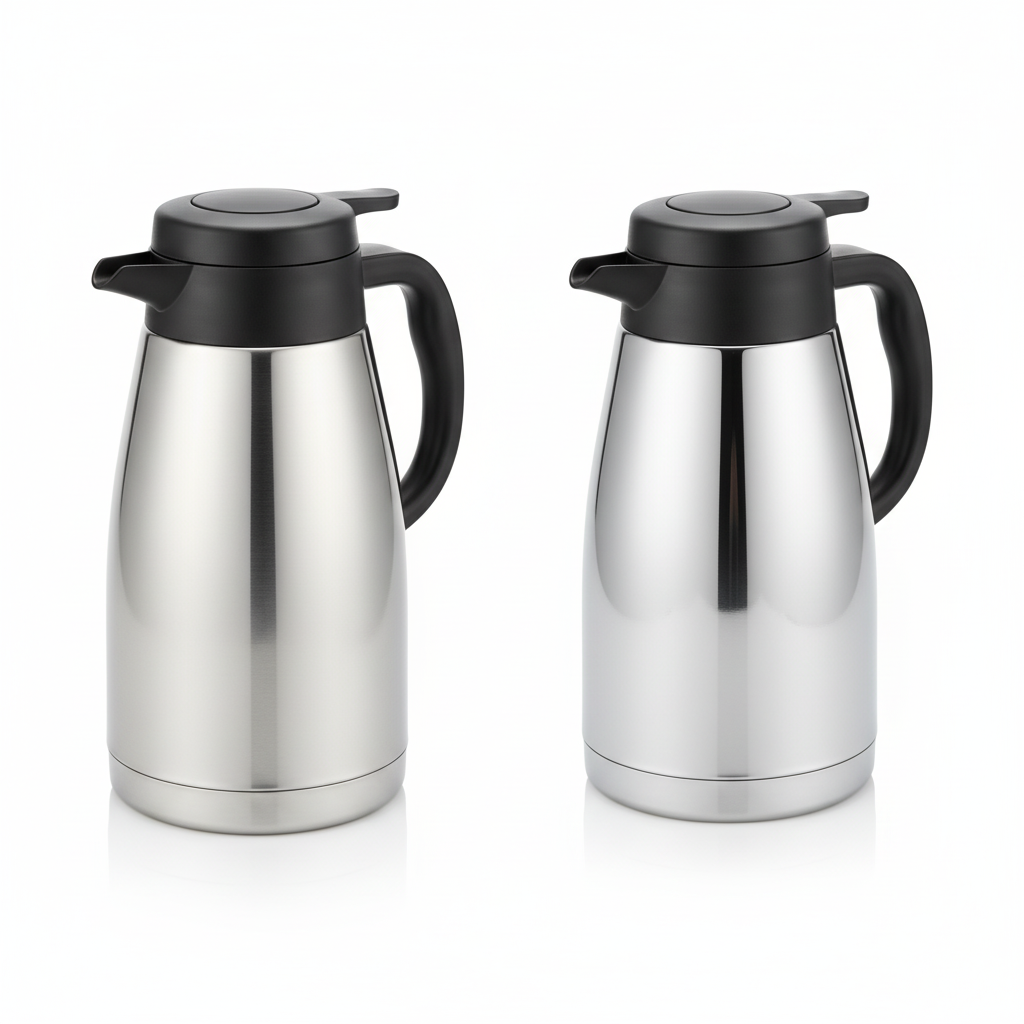 Stainless steel thermal carafes in brushed and polished finishes on pure white background