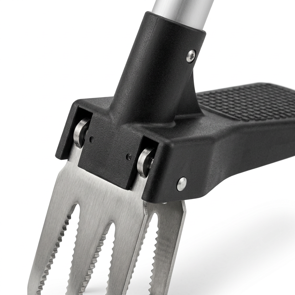 Macro close-up detail of stand-up weed puller 4 serrated stainless steel claw prongs, pivot linkage, and foot pedal step plate