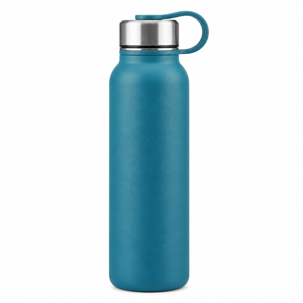 Matte teal blue stainless steel reusable water bottle with twist lid and silicone carry loop on white background