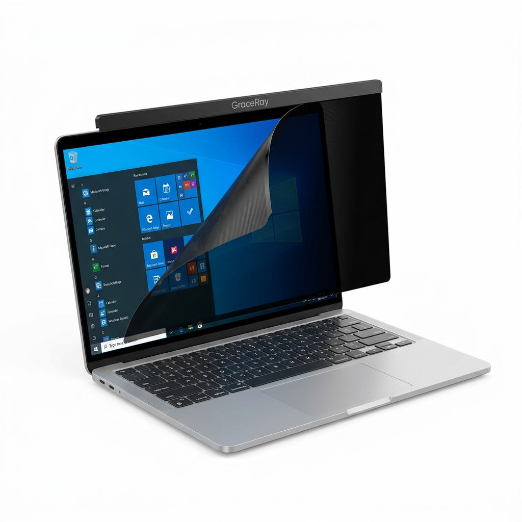 Laptop privacy screen fitted to a compatible laptop display in a professional workspace.