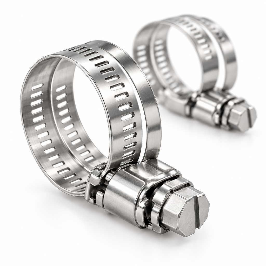 Close-up macro view of the slotted hex head screw, pressed gear housing, and rolled band edges of a 304 stainless steel hose clamp on a pure white background