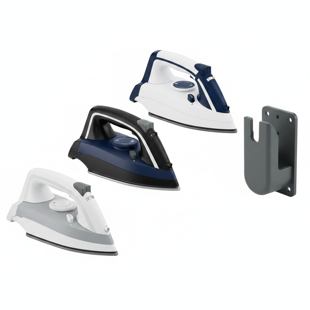 Assorted color options of hotel irons with wall-mount storage holder on white background