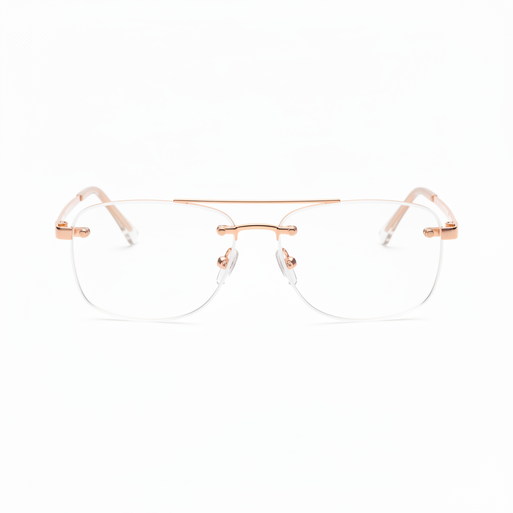 Rimless non-prescription fashion glasses with rose gold temples on white background