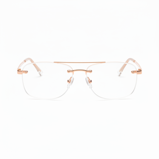 Rimless non-prescription fashion glasses with rose gold temples on white background