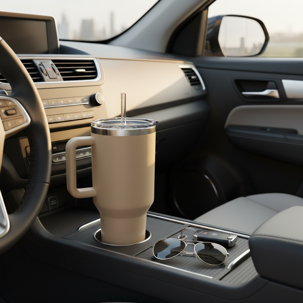 Stainless steel travel tumbler in a vehicle cup holder during daily commute