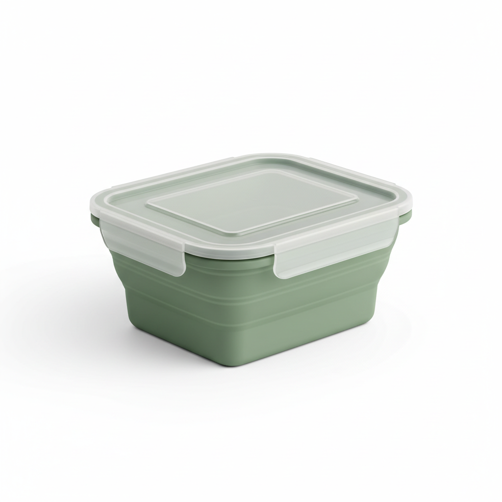 Sage green rectangular flexible silicone food storage container with translucent lid on pure white background