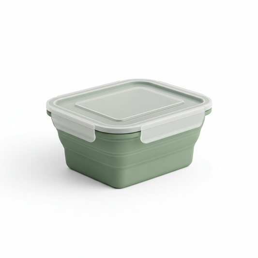 Sage green rectangular flexible silicone food storage container with translucent lid on pure white background